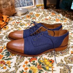Taft Mens Navy Wool and Cognac Leather Cap Toe Derby Shoes Handcrafted Spain 45